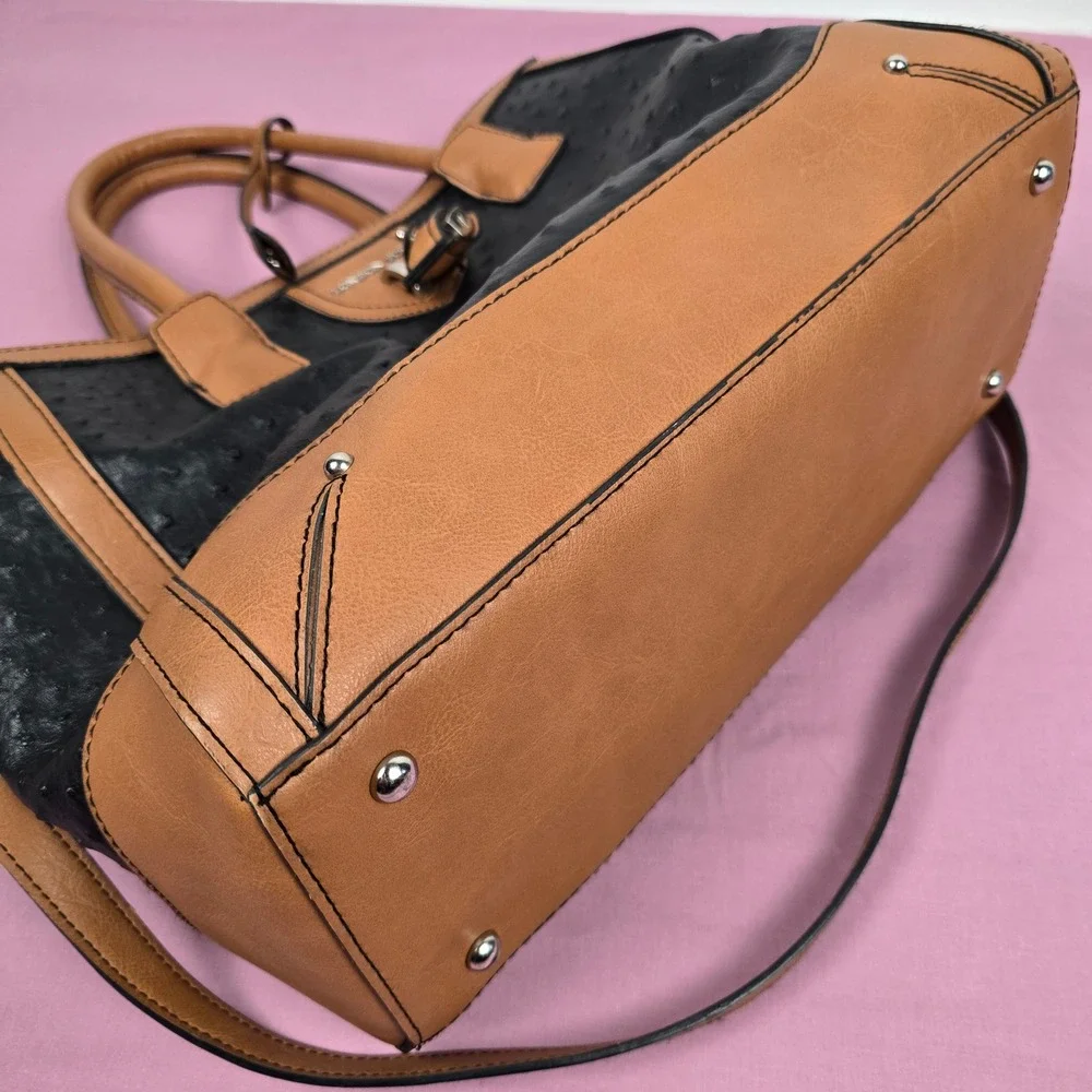 London Fog Black Ostrich Embossed Cognac Brown Satchel Handbag w/ Shoulder Strap